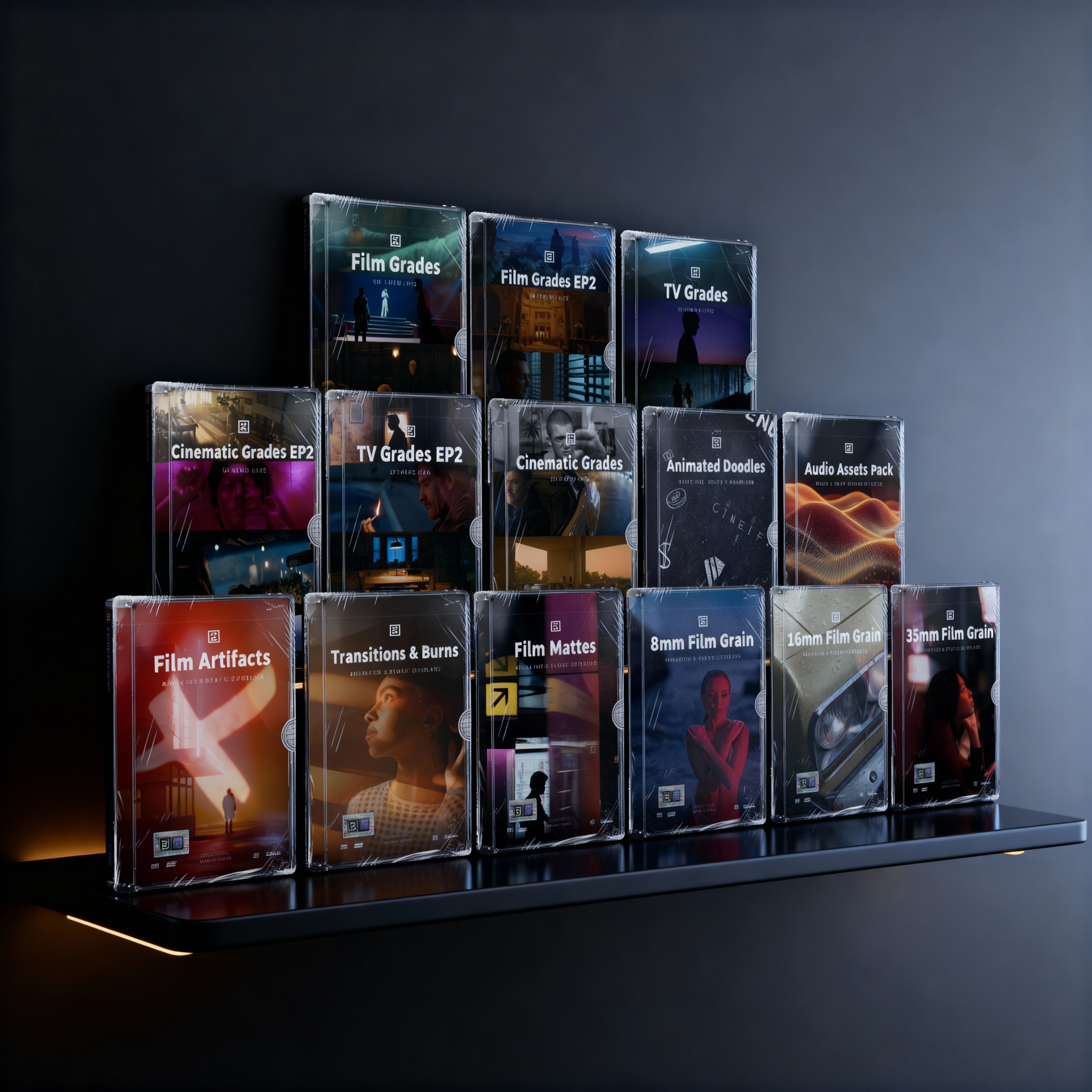 Collection of software or plugin packages on a dark surface with a gradient background